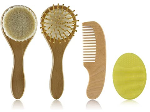 Baby Hair Brush & Comb Set Wooden-Handle Baby Hair Comb Natural Goat Bristle Cradle-Cap Silicone Hairbrush Newborn