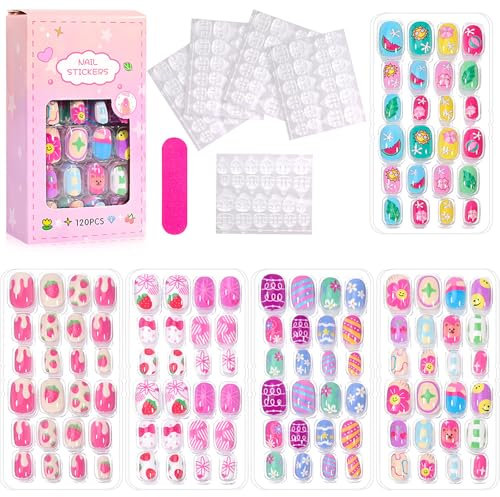 Stick on Nails for Kids - 120pcs Kids False Nails - Colourful kids Fake nails for Girls - 12 Sizes Full Cover Square Press on Nails with Strawberry, Watermelon, Cherry nail Design