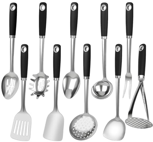 10 Piece Stainless Steel Cooking Utensils Set - 18/0 Heavy Duty Kitchen Tools for Grilling & Serving, Includes Slotted Spatula, Soup Ladle, Thin Metal Turner & More, Heat Resistant, Dishwasher Safe