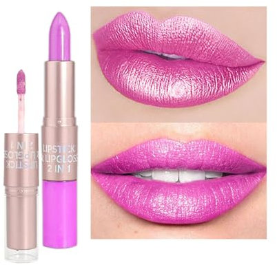 Hot Pink Lipstick Glitter Lip Gloss, Double-ended Purple Lip Balm, Glossy 2 in 1 Liquid Lipsticks, Hydrating Lipgloss Makeup Pink Lip Stain, Lip Tinted Gift for Women
