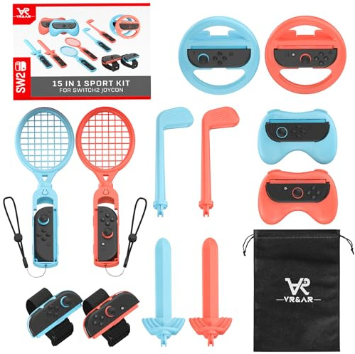 VR&AR Kit d'accessoires de sport 18 en 1 Switch 2 pour Nintendo Switch 2 Sports, manettes Joy-Con, poignées Joy-Con, ensemble d'accessoires familiaux compatibles avec Nintendo Switch 2 – avec sac de