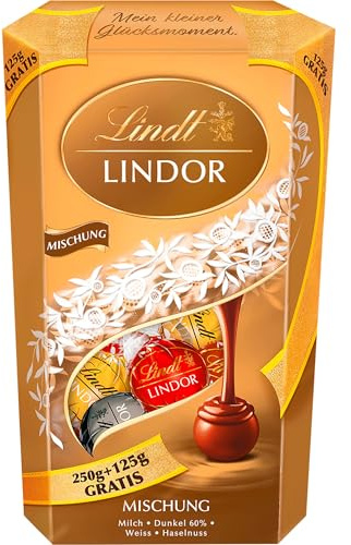 Lindt Schokolade | LINDOR Kugeln Gold Mischung, 375g Cornet, Geschenk | ca. 30 Kugeln, Vollmilch, Weiß, Dunkel 60%, Haselnuss, zum Teilen & Verschenken, zartschmelzend, Genussmomente