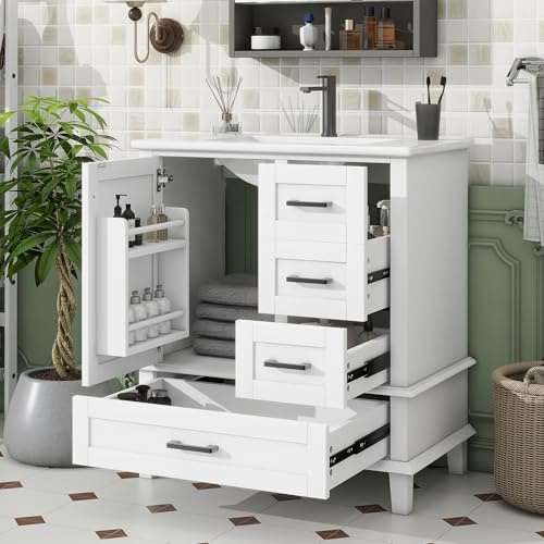 Easexcy Armario de baño independiente con lavabo de 76x46x83,5cm, mueble de baño completamente lacado, estante con puerta, TRES cajones, lavabo de cerámica integrado (Blanco, 76x46x83,5cm)