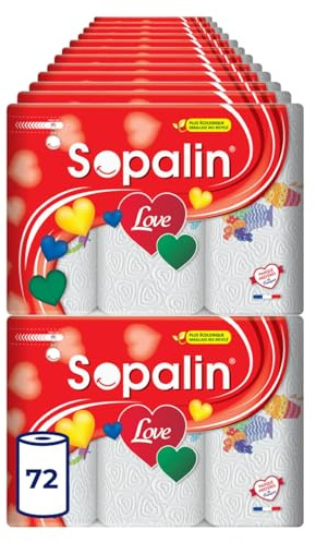 Sopalin Love, 72 Rouleaux d'Essuie-tout Cuisine, 2 Plis | 47 Feuilles par Rouleau, Décoré avec une Texture en forme de Cœur, Blanc