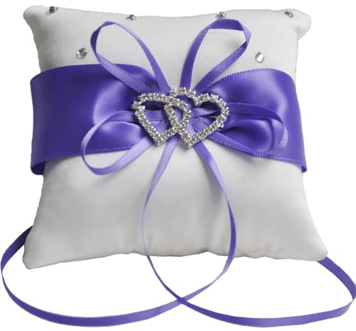 Qanye 1 Stück Elegantes Satin Kissen, 20x20 cm Ringkissen Hochzeit | Vintage Quadratisch Ringkissen, mit Glitzerndem Doppelherz & Satinband, Ideal für Standesamt und Kirche (Lila)