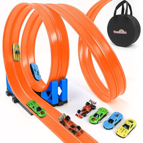 Dreamon Flexible Autorennbahn Kinder 3 4 5 6 Jahre - 5 Meter Rennbahn Rennstrecke Auto Spielzeug mit 4 Spielzeugautos 2 Rampen 1 Aufbewahrungstasche 4 Saugnäpfe Geschenke für Jungen und Mädchen