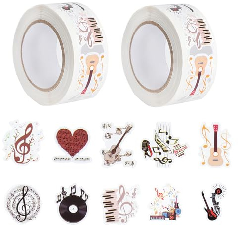 1000 Musik Sticker Set,2 Rollen Vintage Aufkleber mit 10 Musiknoten Designs | Selbstklebende Sticker, für Fotoalbum Deko, Laptop Aufkleber, Aesthetic Scrapbook Stickers, für DIY Geschenkverpackung