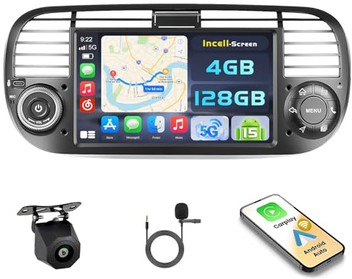 Hikity Autoradio Android 15 7 per Fiat 500 2007-2015 Wireless CarPlay | 4+128G. Android Auto, BT, GPS, WiFi, FM/RDS, Retrocamera, MIC