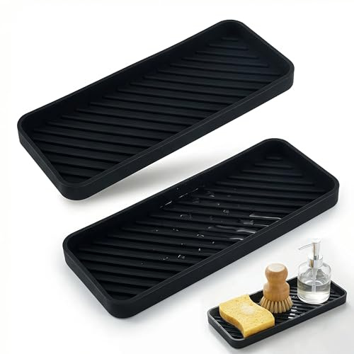 Fiwooze 2 Stück Silikon Spülbecken Organizer, Schwammhalter Spülbecken, Silikon Schwammablage Schwammhalter für Spüle Bad Schwämme Bürsten Seife Organizer Silikonablage, 23x9x1.5cm, Schwarz