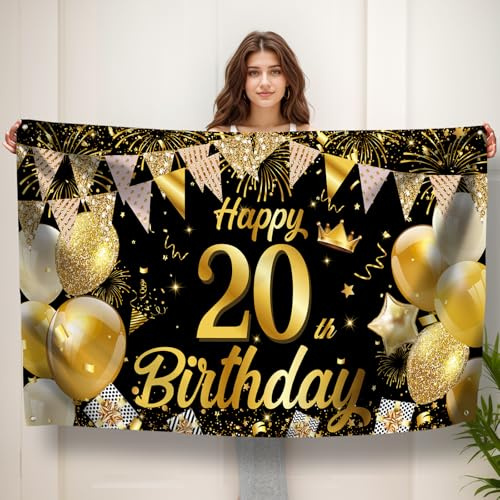 Koliphy 20. Geburtstag Banner, 20. Geburtstagsbanner Deko für Männer & Frauen, Handgehalten Stoff Geburtstagsdeko Party Dekoration für Drinnen und Draußen(Schwarz Gold)