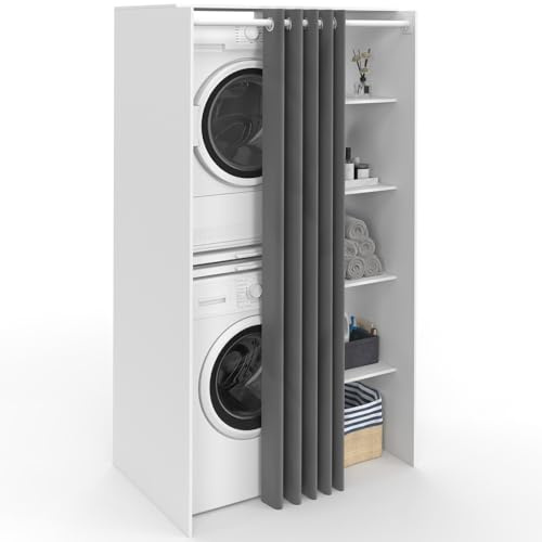 IDMarket - Mueble doble para lavadora con cortina corredera Wallis blanco