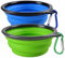 Woodlandu Bols de Voyage Pliables en Silicone pour Chien de Compagnie, Nourriture ou Eau pour la randonnée, Camping, Tasse Extensible, avec Mousqueton bleu/vert