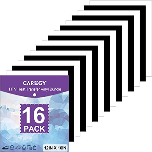 CAREGY Heat Transfer Vinyl HTV Iron on Vinyl for T-Shirts 12 x 10 Inches 16 Sheets (White and Black)