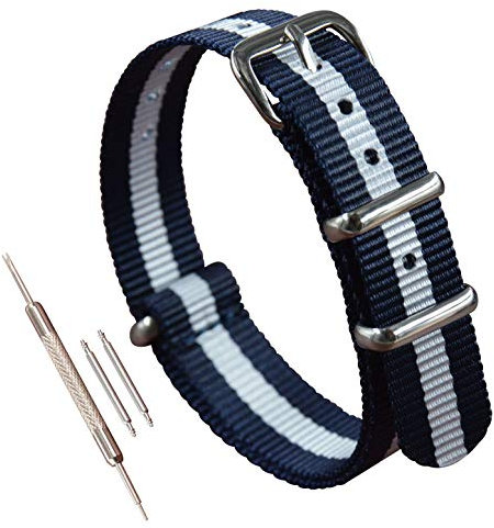 MZBUTIQ 15mm Blau/Weiß/Blau Uhrenarmband Nylon Watch Strap Band Ersatz Polished Schnalle 4 Ringe
