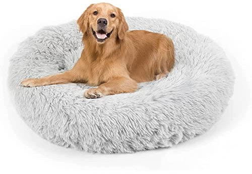 DogBaby Hundebett, Katze beruhigendes Bett, Kunstfellkissen Haustier Donut kuscheliges rundes Plüschbett für große mittelgroße kleine Hunde und Katzen