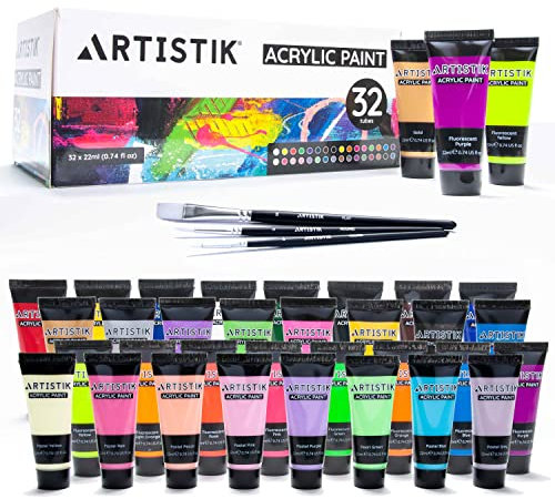 ARTISTIK Acrylic Paint Tube Set - 32 Pcs x 22ml Paint Tubes w/ 3 Brushes for Adults, and Artists - Non-Toxic for Canvas Painting, Wood Crafts, Ceramic, Art Supplies