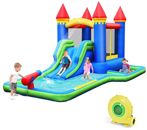 COSTWAY Parque Acuático Inflable con Casa, Hidrante de Agua, Piscina, Tobogán Largo, Grande Área para Saltar, Pared para Escalar, Tejido Oxford, Compresor Incluido