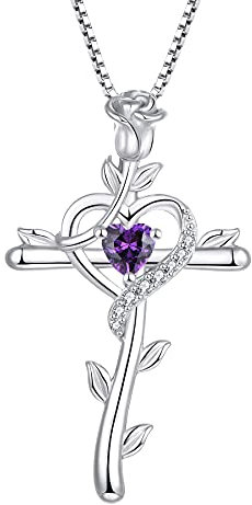 starchenie Kreuz Halskette Damen 925 Sterling Silber Herz Amethyst Zirkonia Rose Kruzifix Anhänger Schmuck Geschenke für Frauen Mama Freundin