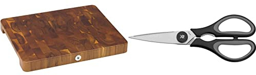 WMF Schneidebrett XL 40 x 32 x 4 cm, Holz, Akazienholz, klingenschonend & Touch Küchenschere 21 cm, Haushaltsschere mit Sägeschliff, Schere Küche, Cromargan Edelstahl, Softgriff, schwarz