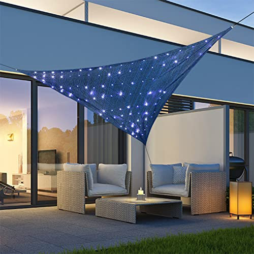 100 LEDs Dreiecks Solar Segel Sonnenschutz Sonnensegel Schattenspender Polyester UV 50+ 3,6x3,6x3,6m Blau