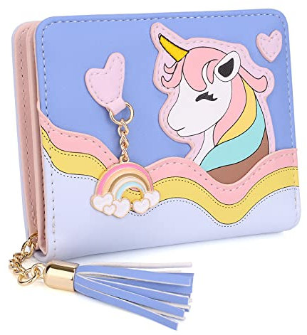 UTO Einhorn Geldbörse Damen Klein Nette Mini Geldbeutel Mädchen Portemonnaie Quaste Anhänger Kartenhalter Süßer Einhorn Muster Portmonee für Weihnachten Muttertag Geburtstag Gedenktag Neujahr Blau