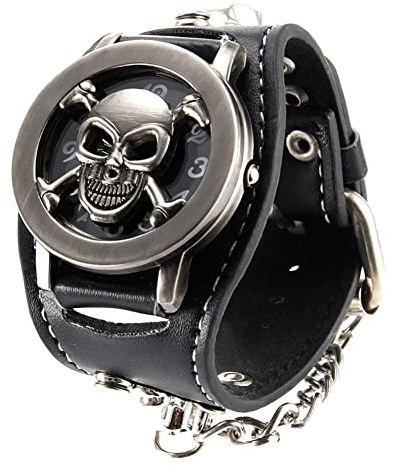 TAPORT Schwarze Leder-Quarz-Uhr für Totenkopf-Fans e2, Schwarz , Armband