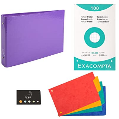Lot 1 Classeur Pour Fiches + 4 Intercalaires + 100 Fiches Bristol 125 * 200 Petits Carreaux + 1 Index Adhésif Blumie (Violet)