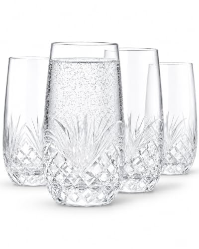 SHOSHIN Hand Cut Highball Glasses, Set of 4, 17 Oz | Crystal glasses with hand-cut floral pattern, ideal for water, juice, iced tea, cocktails, and home bar use