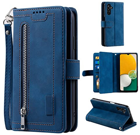 EYZUTAK Wallet Phone Case for Samsung Galaxy A34 5G, Retro Matte 9 Card Holder Slots Zipper Pocket Case PU Leather Magnetic Closure Kickstand with Wrist Strap Folio Flip Case - Blue