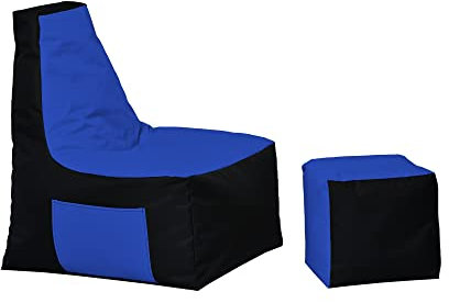 MB MILLINDABAG – Optimal Sitzsack mit Lehne & Hocker - für Kinder und Erwachsene – Sessel – Kissen – Indoor & Outdoor – Gaminggeignet & bereits gefüllt - Sitzkissen Bodenkissen (Schwarz - Blau)