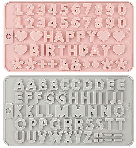 2Pcs Alphabet Mould Set, Jagowa Silicone Happy Birthday Symbols Mould Letters and Numbers Chocolate Molds for Cake Decoration Baking DIY