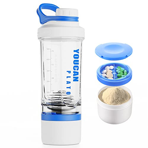 YOUCAN PLATO Shaker Proteinshake,Protein Shaker,Eiweiß Shaker Mit Pulverfach und Kugel,Shake Becher,Fitness Shaker,Schüttelbecher,Shaker Flasche Spülmaschinenfest,BPA frei, mit Tritan,620ML-Blau…
