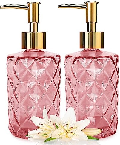 YTDTKJ Glass Soap Dispenser with Gold Pump, Bathroom Soap Dispenser Set(2 Pack, 11Oz.) Premium Thick Soap Pump Bottles, Refillable Kitchen Liquid Soap Bottle for Hand Sanitizer, Lotion (Pink)