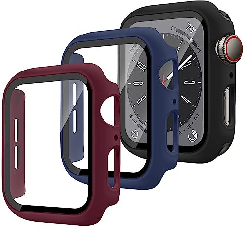 3 Pezzi Cover per Apple Watch Series 9 Series 8 Series 7 45mm Vetro Temperato Pellicola Protettiva,Cover Completa PC Rigido Case Protettiva per Apple Watch 45mm Custodia,Rosso vino/blu notte/nero