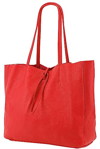 SH Leder ® Damen Echt Rindleder Shopper in Querformat mit Innentasche in vielen Farben Schultertasche Henkeltasche 30x37cm Maja G514 (Rot)