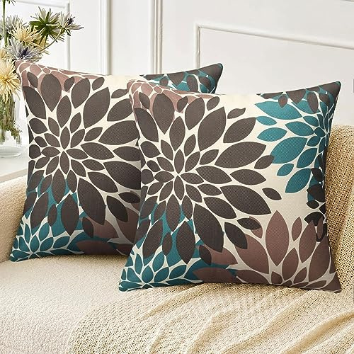 Velvhom Kissenbezüge Kissenhülle Dekokissen Braun und Blaugrün Dahlie Blumen Modern Leinen Kissenbezug 50x50 Sofakissen Couchkissen Deko für Sofa Schlafzimmer Wohnzimmer Balkon 2er Set，20x20 inch