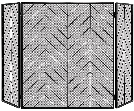 TANGZON 3 Panel Folding Fireplace Screen, Wrought Metal Mesh Spark Flame Guard with Decorative Pattern, Indoor Outdoor Heavy-Duty Safety Fire Guard Fireplace Fence for Coal Firing Stove Grill (Black)