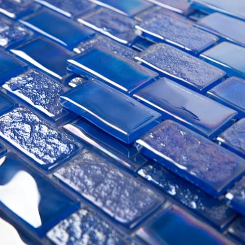 Adedeo Glass Mosaic Tile Iridescent Blue 12 x 12 Inch for Swimming Pool Kitchen Bathroom Backsplash Shower Waterline Fountain Spa Wall(5-Pack, 5 sq.ft.)