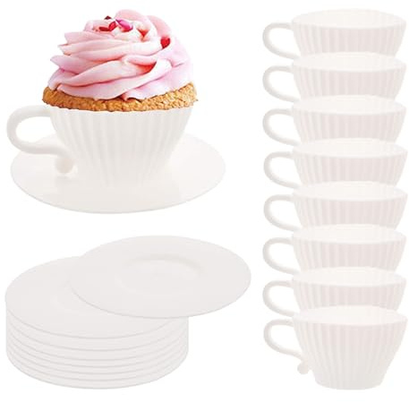 Set di 16 pirottini in silicone per muffin, tazza da tè e piattino, 8 tazze e 8 piattini
