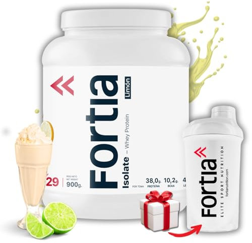 FORTIA Whey Protein Isolate 100% 38g/dosis + Shaker – Proteina Isolada de Suero Premium Hecha en España | Proteína Alta en BCAA, Leucina y Glutamina | Mejora Masa Muscular y Recuperación | Limón 900g