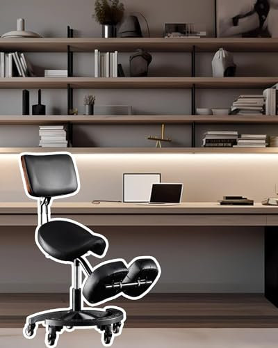 TUJOBA Sattelhocker Heimbüro Ergonomische Haltung Kniestuhl, Schwarzer Dicker Pad -Sitz mit Rädern und Fußstütze, Mobile Einstellbare Höhenhocker Verbessern Die Haltung