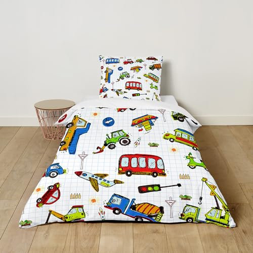 Hiseng Bettwäsche-Sets, Karikatur Kinder Bettwäsche Set, Kuschel Bettwäsche mit Reißverschluss, Bettbezug mit Kissenbezug für Mädchen und Jungen (100x135cm,Roter Bus)