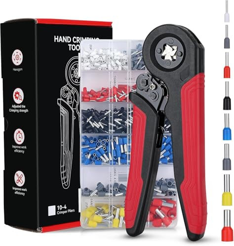 HOLULO Pinza Crimpatrice Capicorda con 1200 Puntalini Elettrici,per Capicorda 0.08-10 mm² Terminale Isolato Capicorda Terminali a Crimpare,Autoregolante,Pinza Puntalini Elettrici (quads-rosso)
