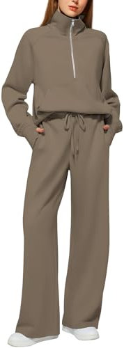 CHERFLY Damen Jogginganzug Set 2024 Mode Trainingsanzug halbem Reißverschluss Tracksuits (Kaffee,S)
