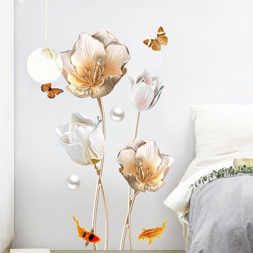 Runtoo Adesivi Murali Fiori Oro 3D Adesivi da Parete Tulipani Piante Decorazioni Muro Cucina Bagno Camera da Letto Soggiorno