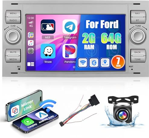 2G 64G Radio Coche Inalámbrica Carplay para Ford Fiesta Focus Transit Mondeo C-MAX S-MAX 7'' 2 DIN Android13 Pantalla Radio con GPS Android Auto Bluetooth WiFi RDS FM Mic Cámara Trasera (Blanco)