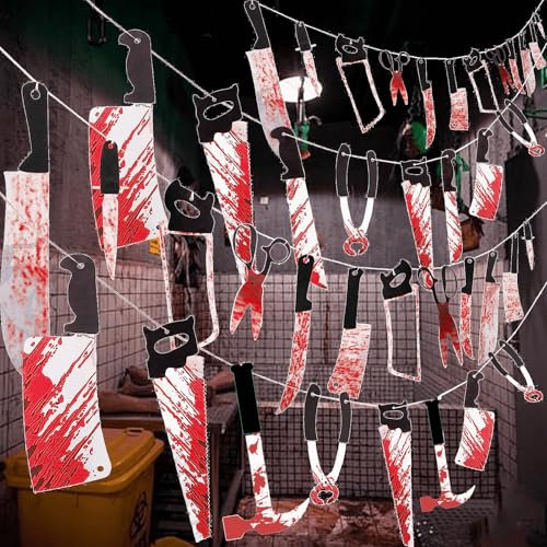 VOPIWOZ Halloween Horror Deko Set Halloween Messer mit Blut Banner Enthält blutiges Messer, Hammer, Säge, Schere, Halloween Deko Outdoor Gruselig für Einstimmung auf Blut Halloween