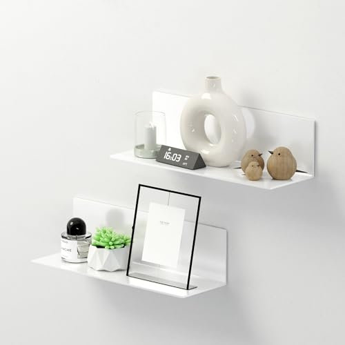 Toski Wandregal Weiß Ohne Bohren, 2er-Set Regal Ohne zu Bohren, 40cm Breit Selbstklebende Regale Groß für Wände, Acryl Schwebend Regal für Badezimmer/Wohnzimmer/Schlafzimmer/Küche/Büro