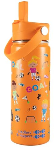 tiddlers & nippers Stainless Steel Vacuum Insulated Double Wall Kids Reusable Water Bottle with Leak Proof Straw 500ml | Keeps Cool for 24hrs & Warm for 10hrs + (Football Fun)