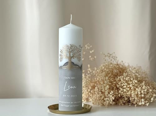 Heylovelypeople Moderne Taufkerze Baum mit Taube 7 x 20 oder 25 cm in verschiedenen Farben personalisiert | Ein einzigartiges Accessoire für die Taufe | R216 (Grau, 7 x 20 cm)